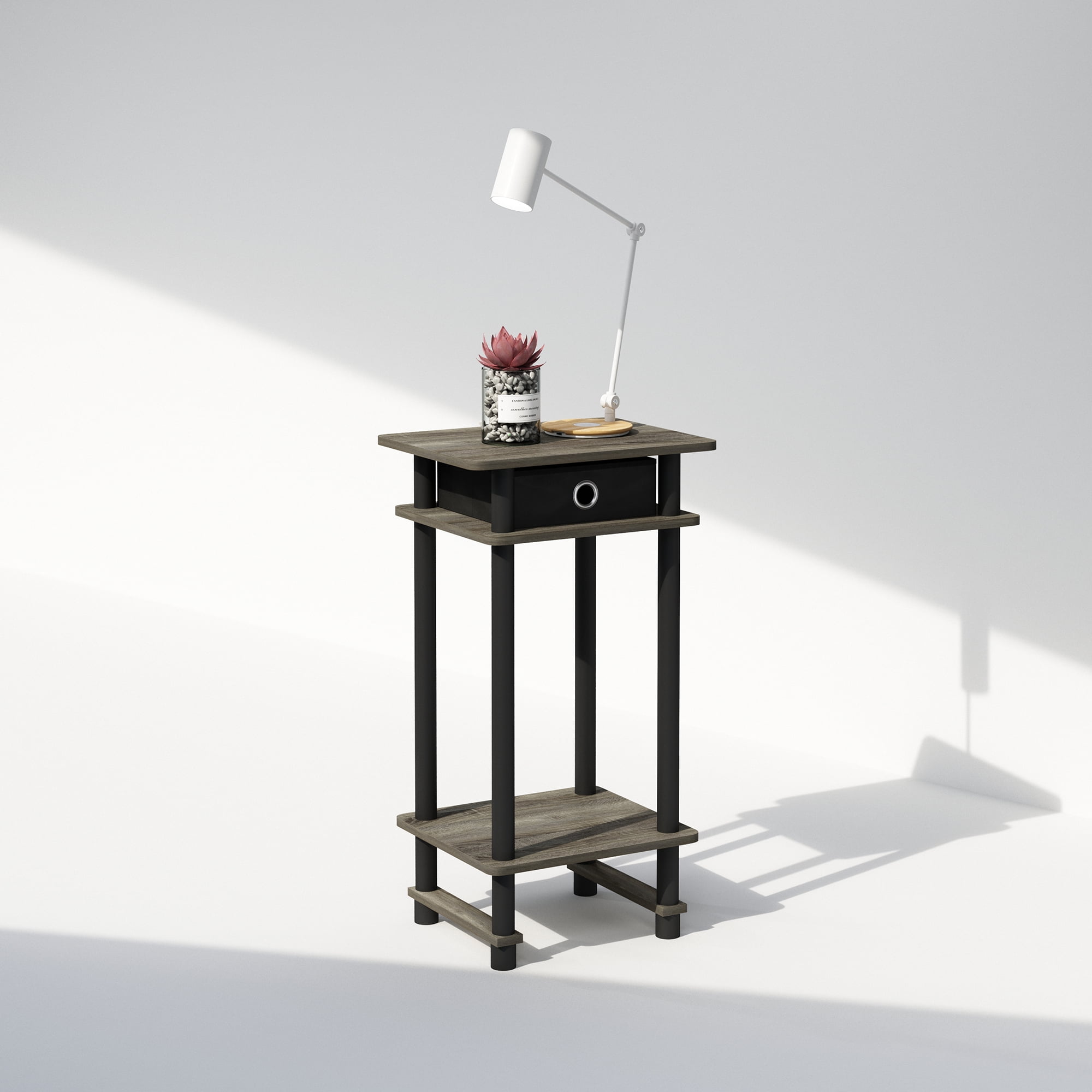 Furinno Turn-N-Tube Tall Nightstand with Bin, French Oak/Black/Black