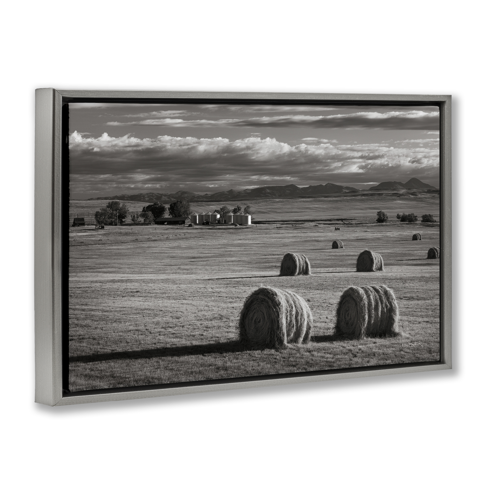 Stupell Industries Montana Hay Bales Landscape & Nature Photography Gray Floater Framed Canvas Art Print Wall Art, 31 x 21