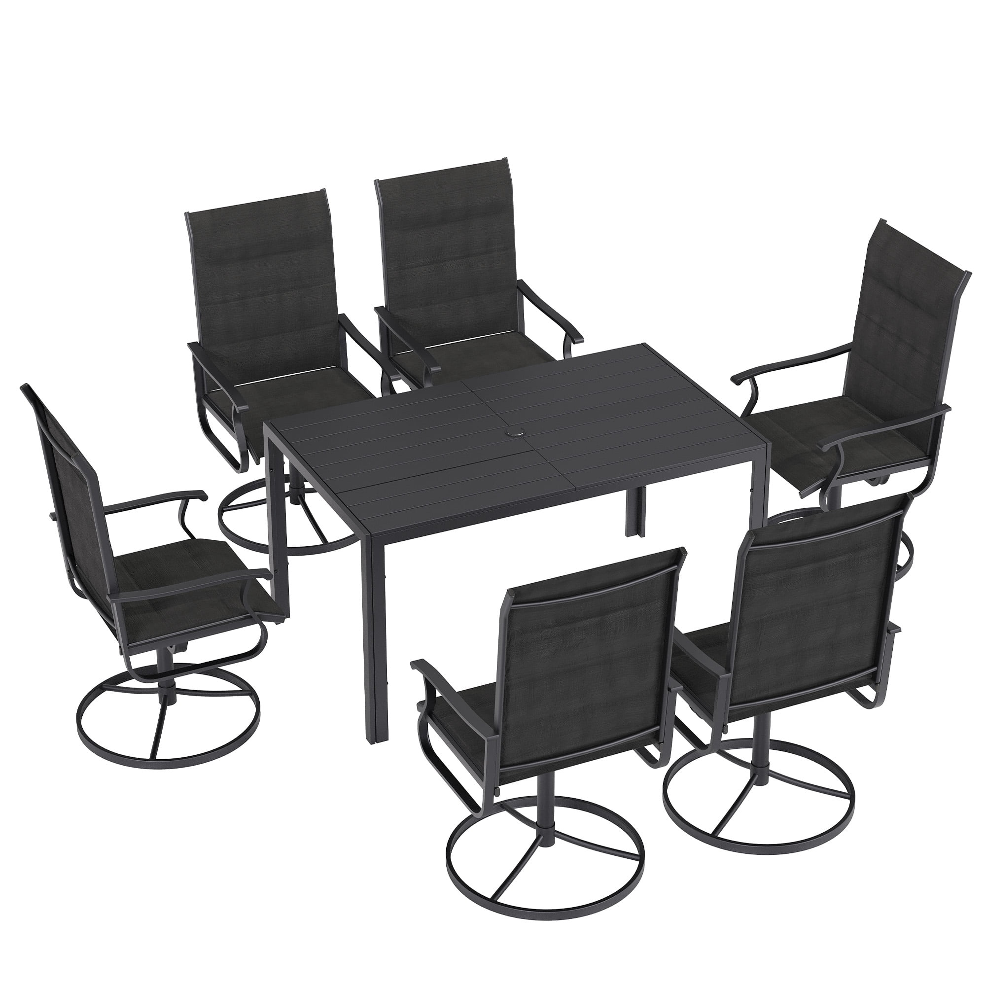 ELPOSUN 7 Piece Outdoor Patio Dining Set Swivel High Back Padded Textilene Chairs and Rectangle Table Furniture Set,Black