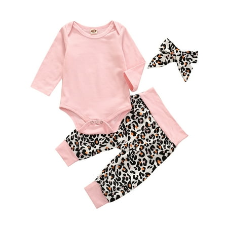 

Calsunbaby Toddler Baby Girls Solid Long Sleeve Bodysuit Leopard Pants Headband 3Pcs Outfits Set Pink 18-24 Months
