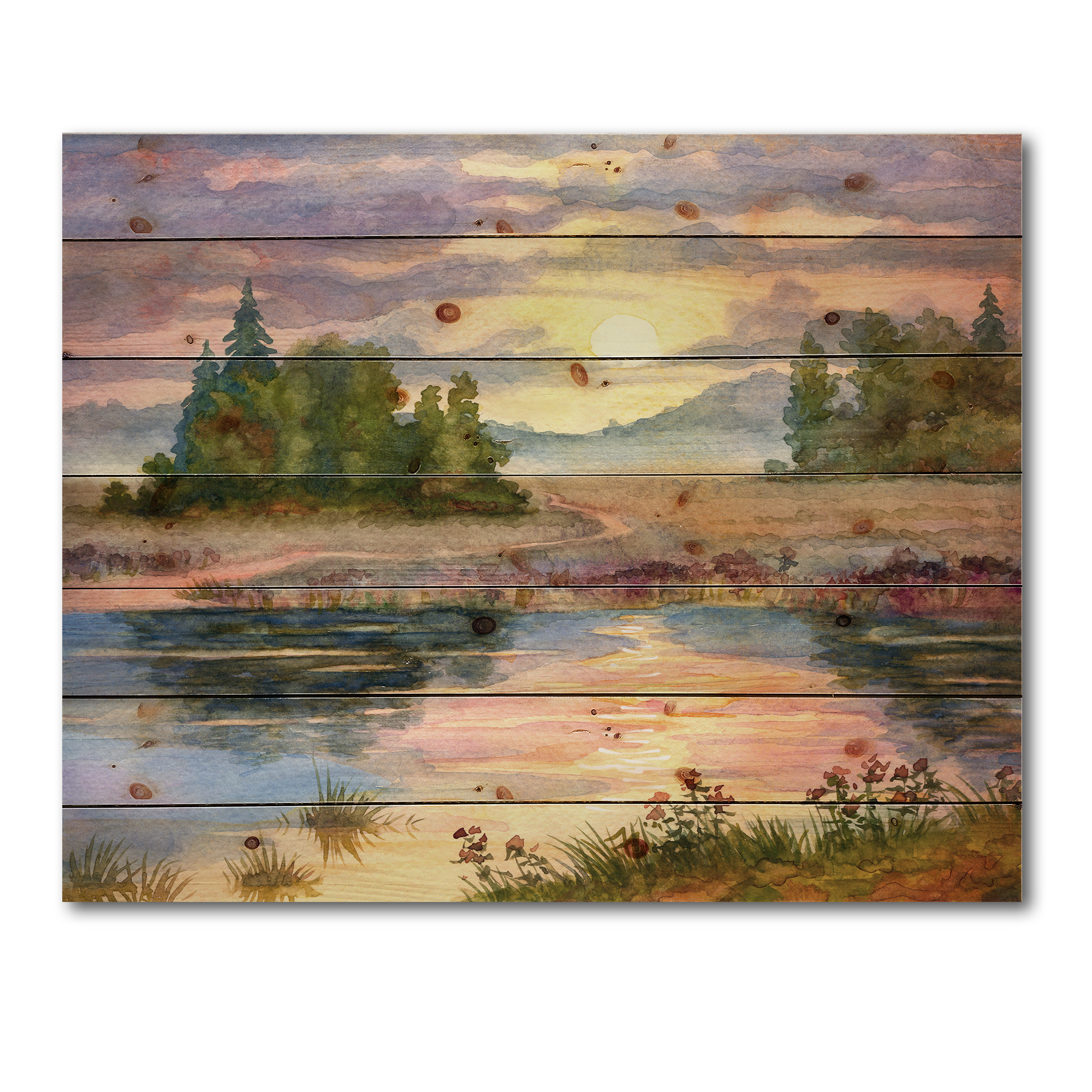 Designart 'The Rural Lake In Sunset Evening I' Traditional Print on Natural Pine Wood