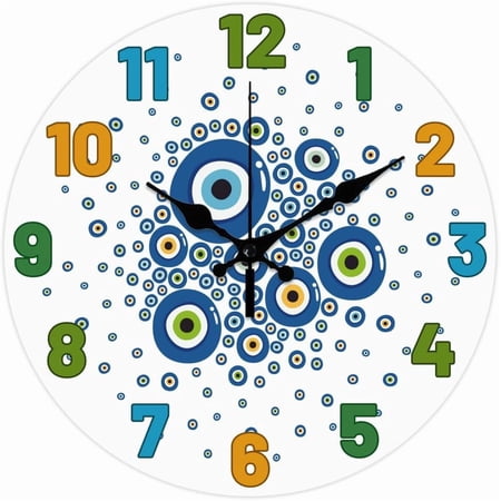 Cartoon Eyeball Pattern Wall Clock 12 Inch Colored Characters Non-Ticking Clocks Round Wall Hanging Clock Battery Operated for Bedroom Living Room Kitchen Office Dark Red