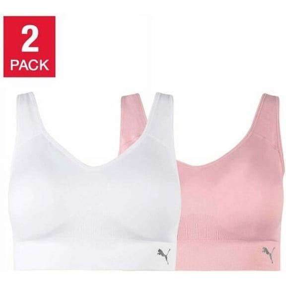 Puma Women's Sports Bra 2 Pack Seamless Removable Cups Size: XL, Color: Pink/White