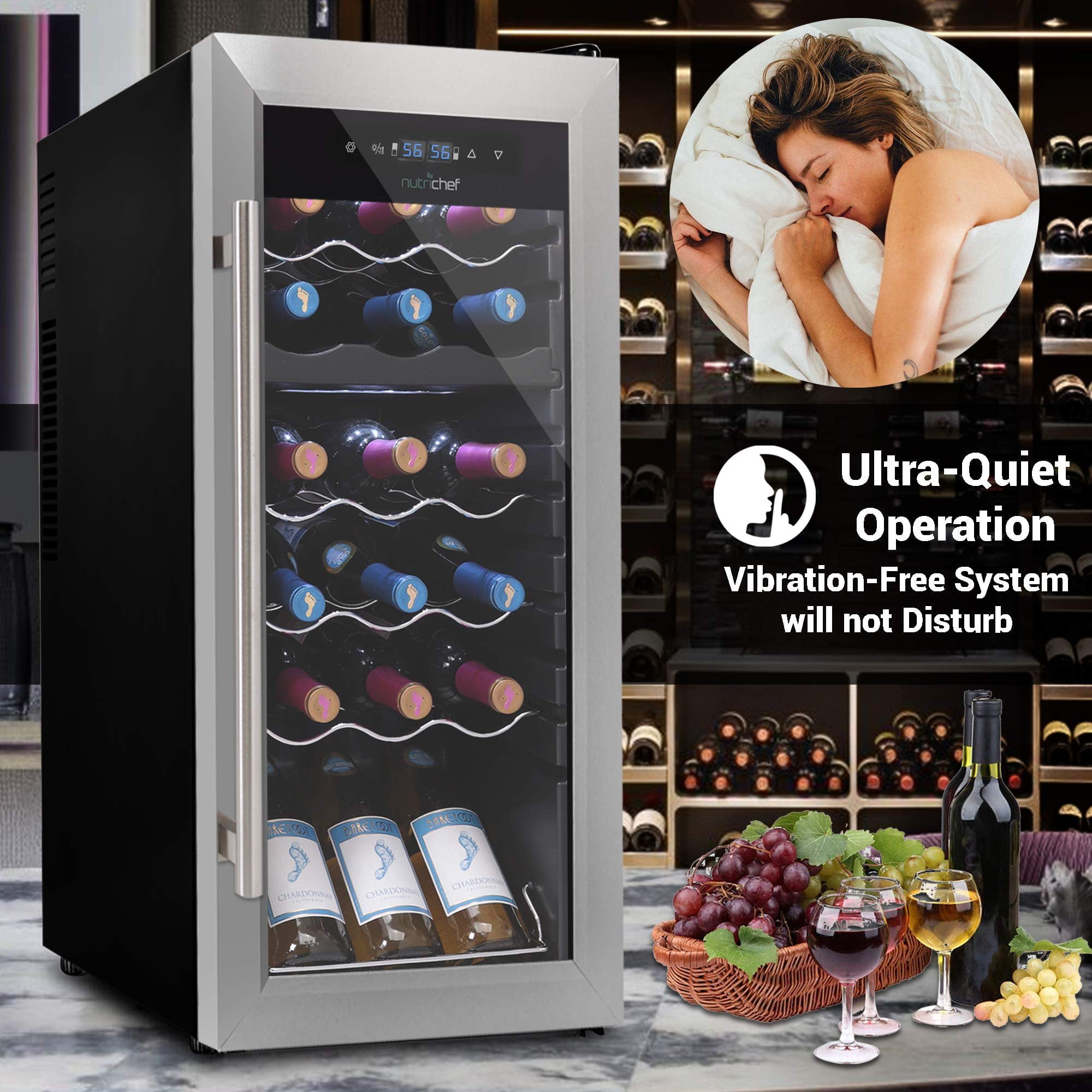 NutriChef 18 Bottle Dual Zone Cooler for Wines Chiller, Freestanding Compact Countertop Mini Fridge