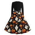 thumbnail image 5 of Halloween Dresses for Women Candy Pumpkin Crew Neck Hepburn 1950s Retro Tea Length Dress Long Sleeve Cocktail Vintage Funny Dress with Belt S, 5 of 5