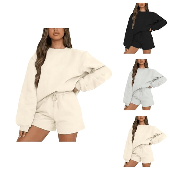 Track Suits for Women Set Oversized Long Sleeve Crewneck Sweatshirt and Shorts 2 Piece Matching Set Sweat Shorts Sets