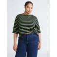 thumbnail image 2 of Free Assembly Women's and Women's Plus Striped Cotton Boatneck Tee with 3/4-Length Sleeves, Sizes XS-4X, 2 of 6