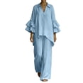 thumbnail image 2 of BRELIL Women Plus Size Two Piece Set V Neck Ruffle Sleeve Shirt Wide Leg Pants Casual Summer Loungewear Solid Boho Vacation Outfits Tracksuit Loose 2 Piece, Light Blue M, 2 of 5