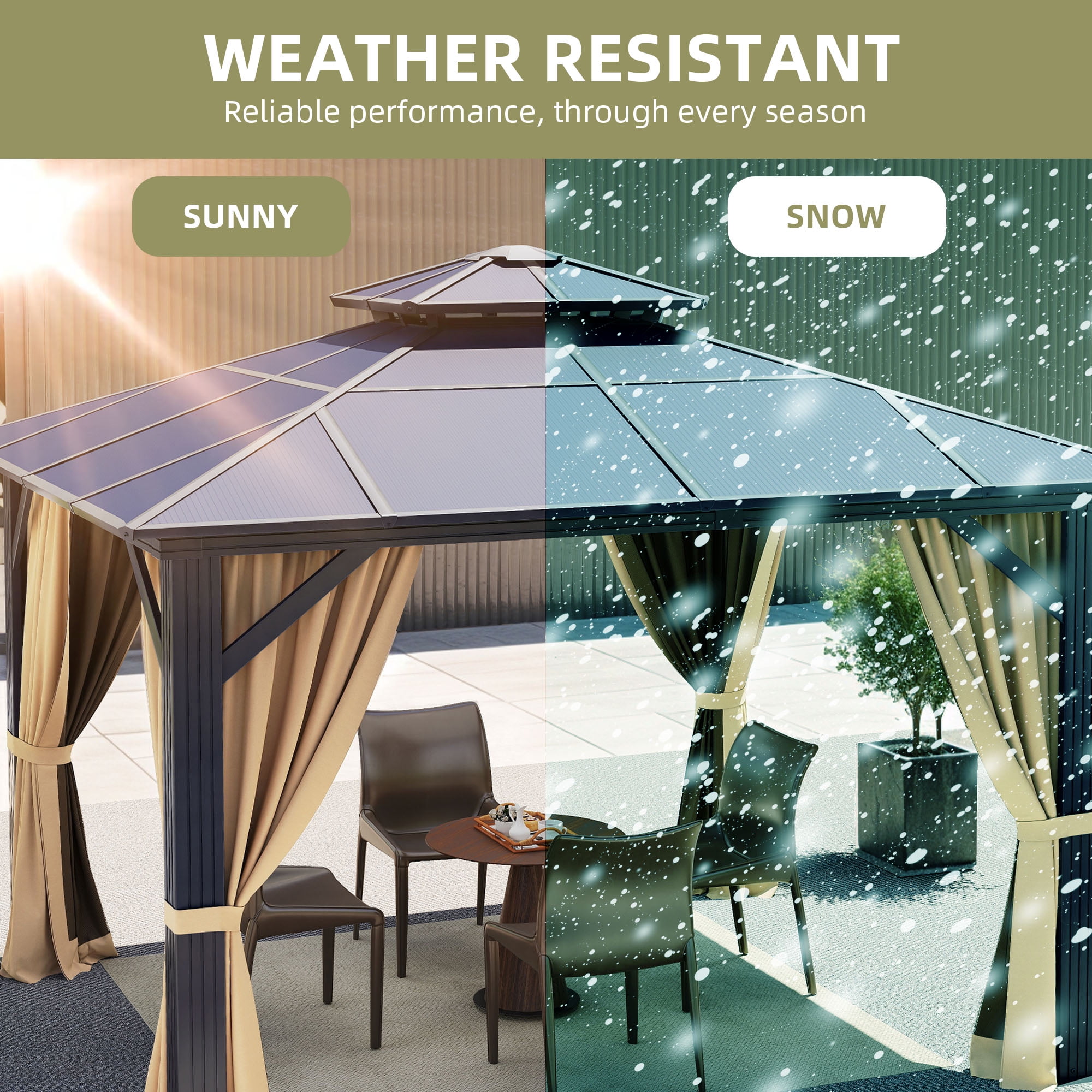 Dextrus 10' x 10'  Hardtop Gazebo with Netting & Shaded Curtains, Outdoor Polycarbonate Double Roof Canopy,Aluminum Column Garden Tent for Patio, Backyard, Black&Brown