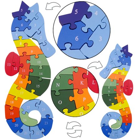 veZve Wooden Alphabet & Numbers Jigsaw Puzzle for Kids 5 to 7 Years Old Boys Girls Sea Horse Toy