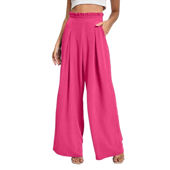 RYRJJ Women's Wide Leg Palazzo Pants with Pockets Lightweight Pleated High Waisted Flowy Loose Lounge Trousers Business Work Pants(Pink;L)