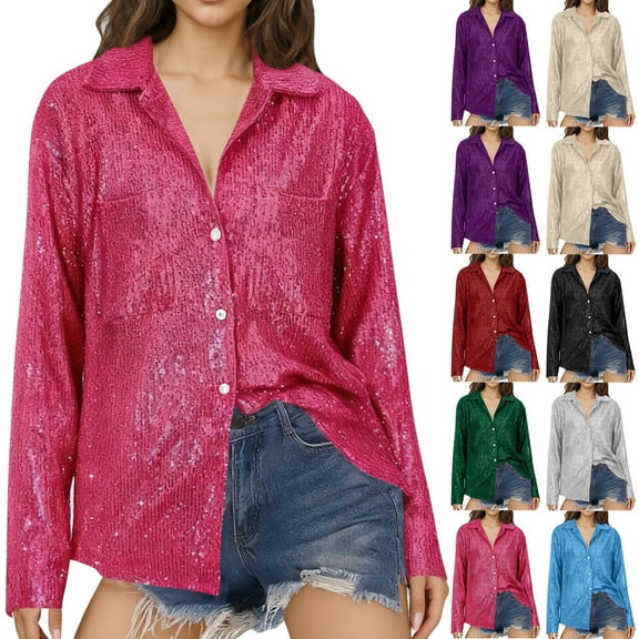 Sequin Tops for Women Sparkly Shiny Button Down Shirts Casual Party Club Long Sleeve Lapel Blouse Shirt with Pocket