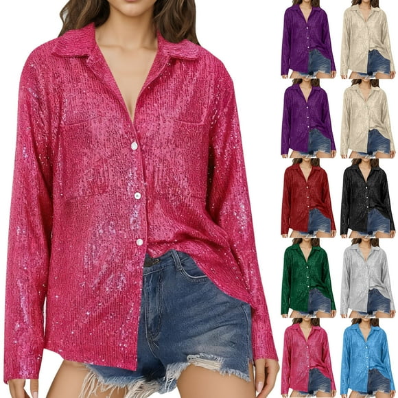 NJDVHB Tops for Women Trendy,Womens Sweatshirt,Ladies Long Sleeve Sequins Turn Down Collar Top Blouse Ladies Lapel Button Pocket Top,Hot Pink,S