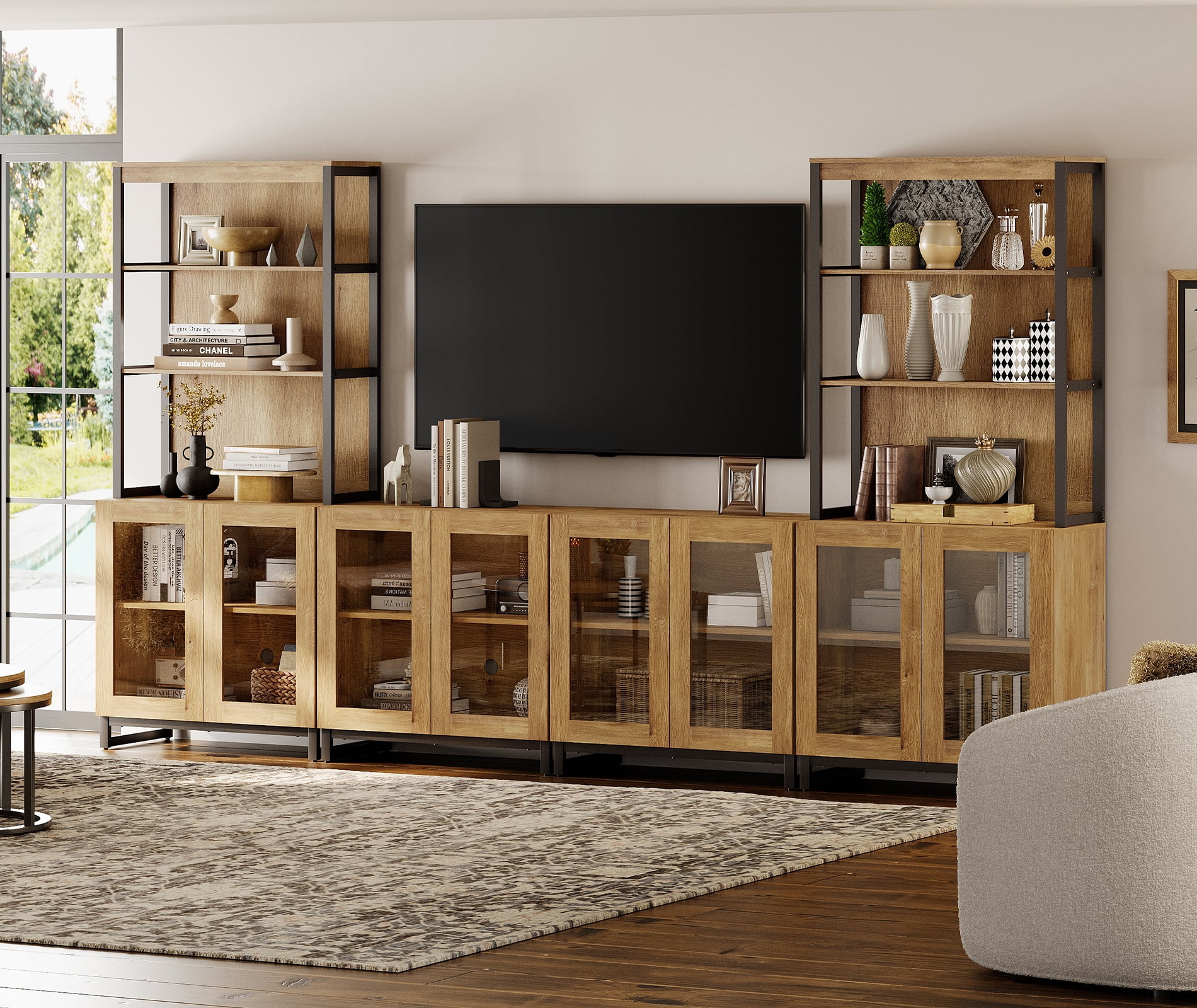 WAMPAT Modern TV Stand with 3 Tiers Bookshelf, Farmhouse Entertainment Center with 4 Large Storage Cabinets and Adjustable Shelf, Wooden Media TV Console with Glass Doors for Living Room, Oak