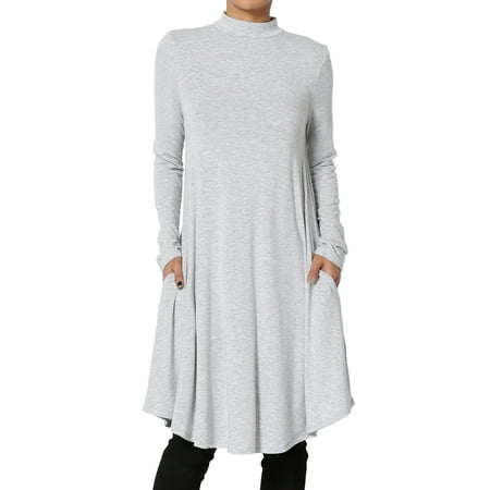 T-bags Jersey Long Dress TheMogan Women's S~3X Long Sleeve Mock Neck Draped Jersey Pocket Fit & Flare Dress ()
