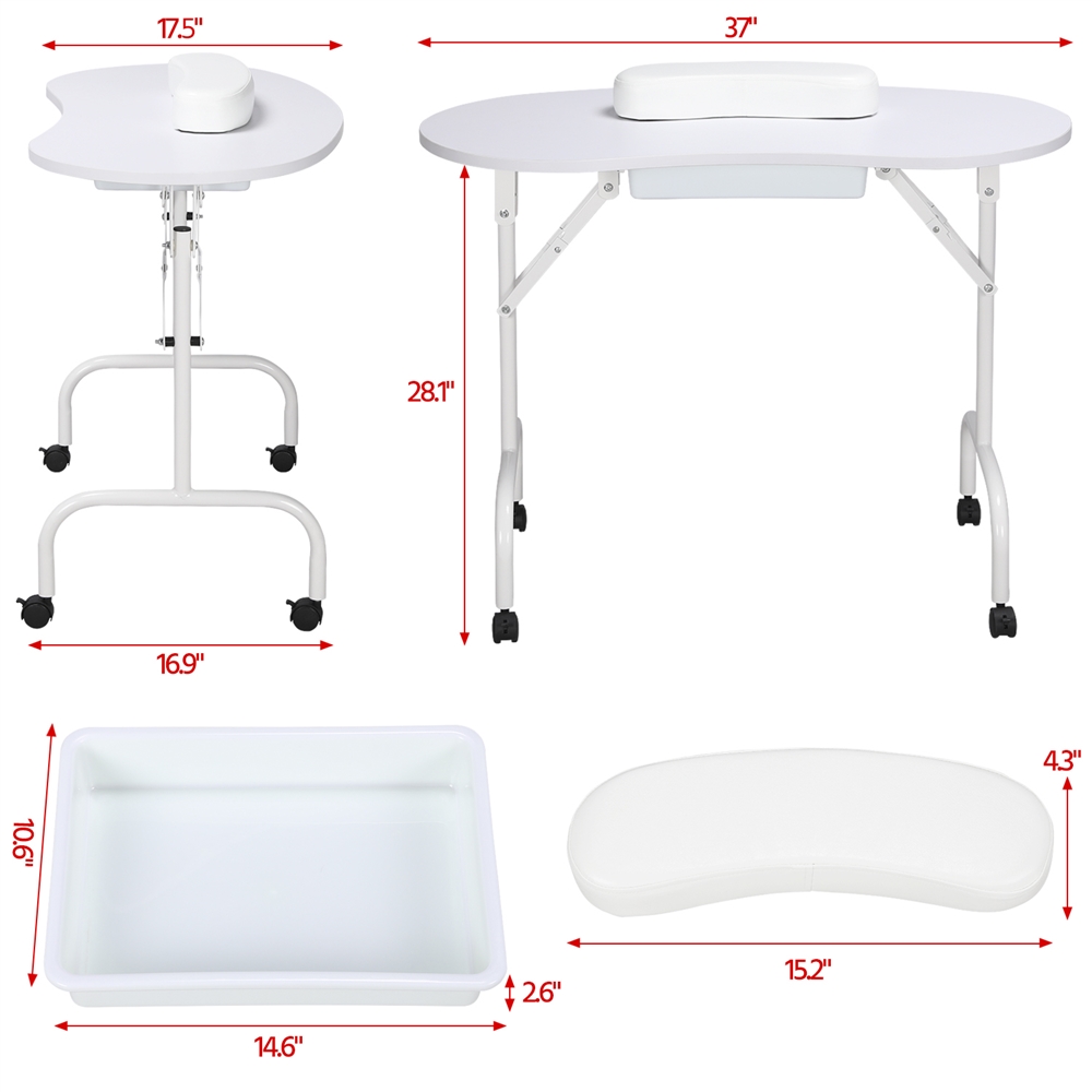 Alden Design Folding Manicure Table with Lockable Wheels and Bag, White