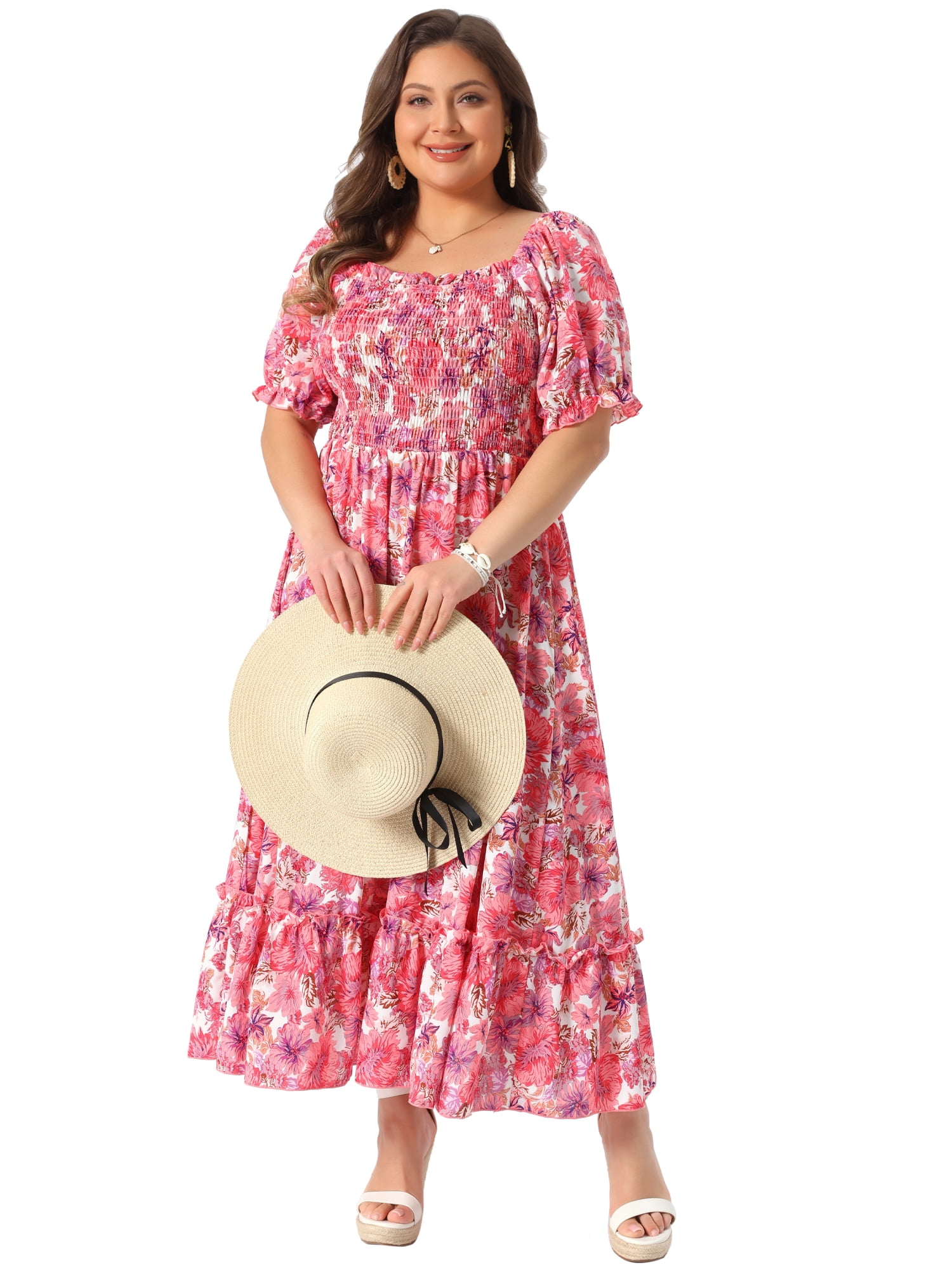 DARING DIVA Women's Plus Size Short Sleeve Square Neck Maxi Floral Dress 2X Hot Pink