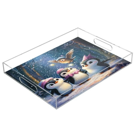 

WOBOGO Acrylic Serving Trays 15.7x11.8 Inch Spill Proof Clear Decorative Organizer with Handle Three Cute Cartoon Penguins