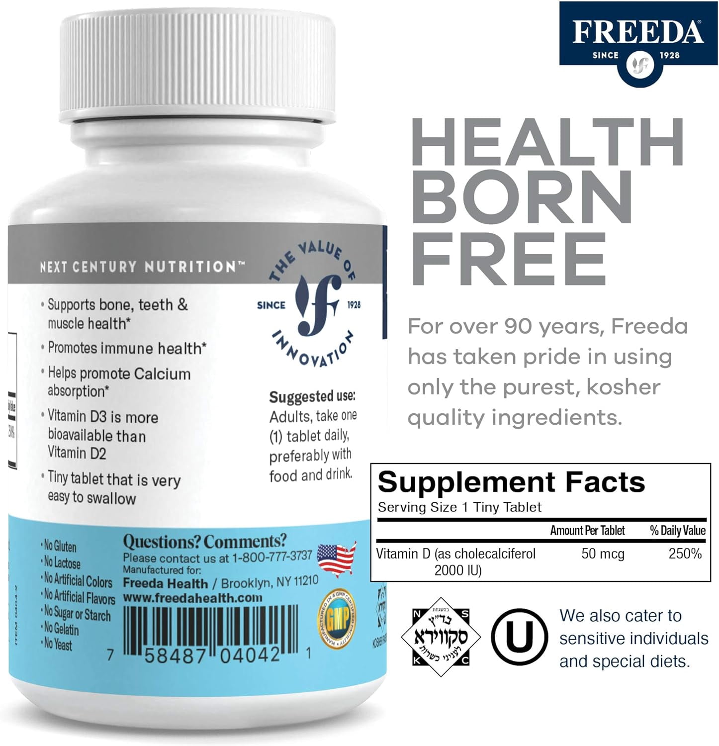 Freeda Vitamin D3 2000 IU Supplement | Bone, Calcium & Immune Support | Tiny Tablets | Kosher, Gluten Free | 250 Count