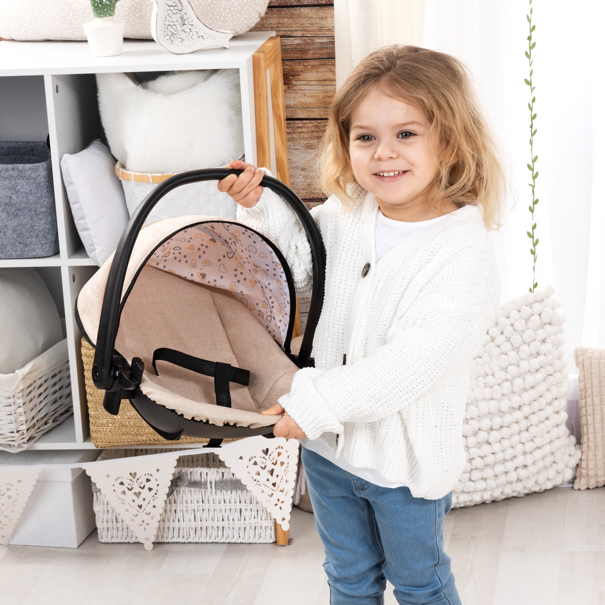 Bayer Design: Doll 4-In-1 Vario - Beige-Black-Hearts - Convertible Toy: Highchair-Swing-Bed-Car Seat, All-In-1 Care Accessory Fits 18" Dolls, Kids 3+