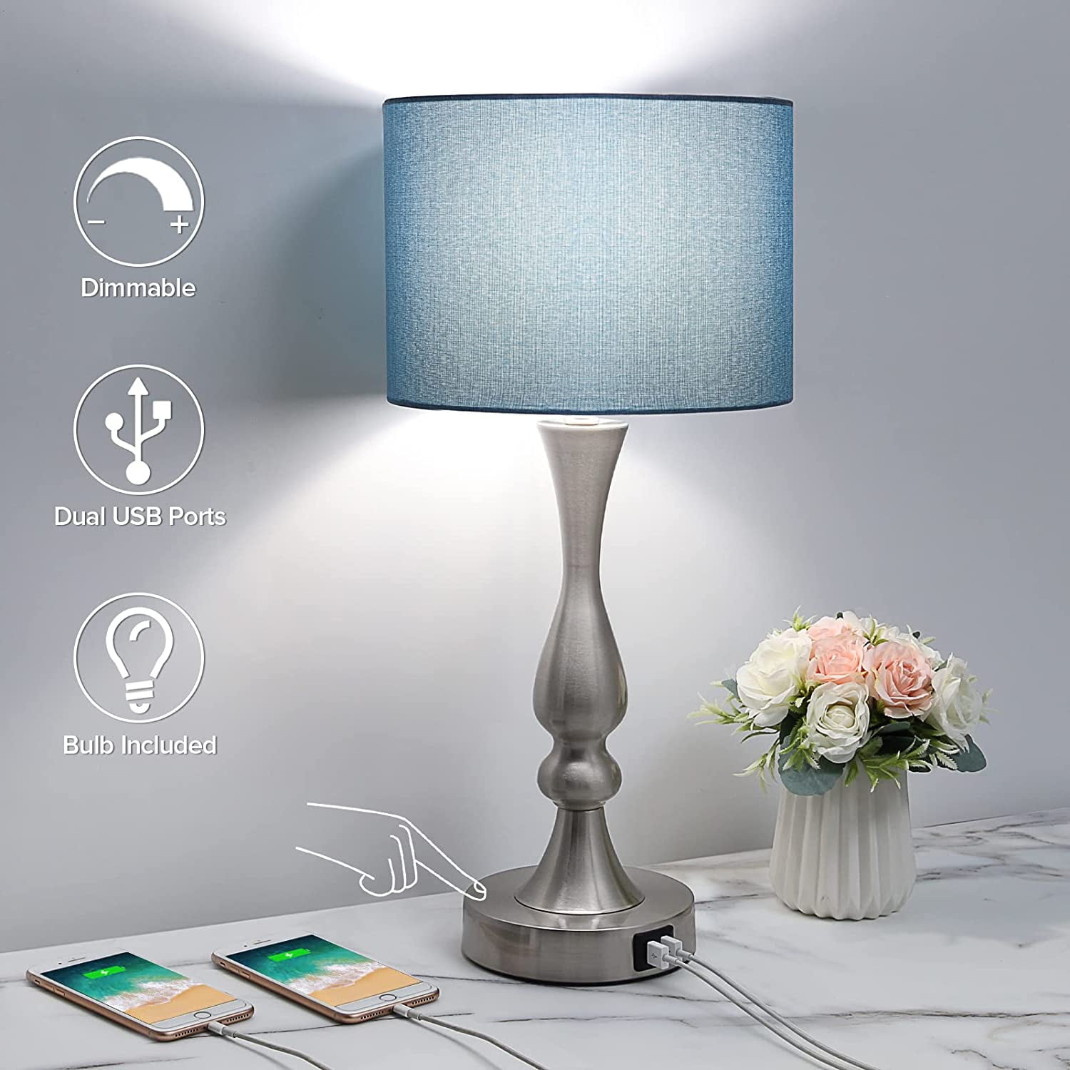 3Way Dimmable Touch Control Table Lamp with Dual USB Charging Ports