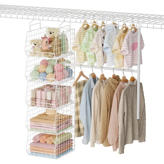 5 Tier Extended Depth Hanging Closet Organizer with Adjustable Width and Height Hanging Rod, Storage Shelves for Sweaters Towels Handbags, Stackable Metal Bins for Closet, Laundry, Dorm, White