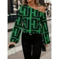 thumbnail image 6 of Off Shoulder Geometric Print Lon sleeve Top (MultiGreen, XL), 6 of 8