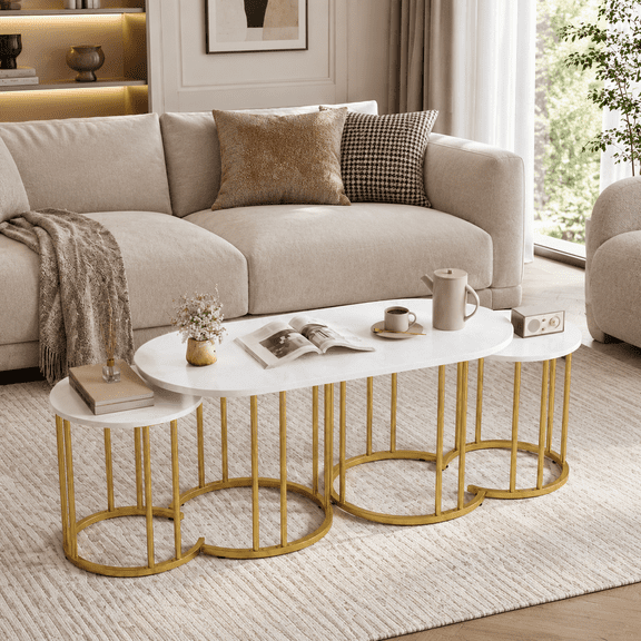 Spaco Nesting Coffee Table Set of 3, Coffee Table with Faux Marble Tabletop and Powder-coated Gold Metal Frame, White
