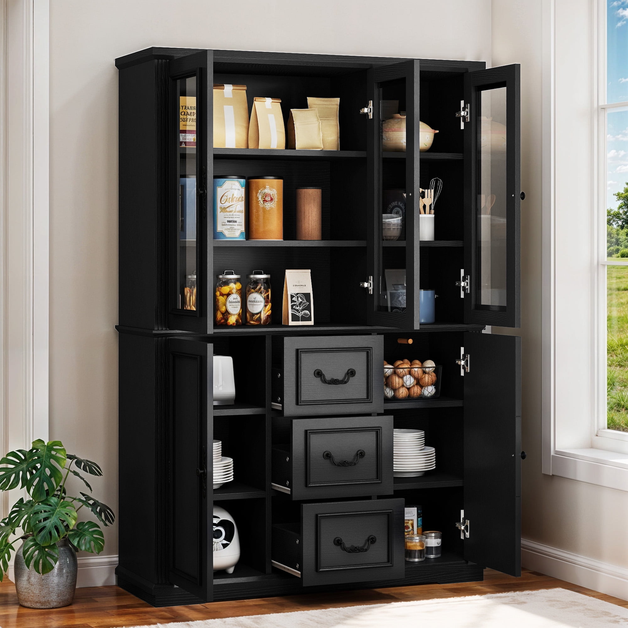 Dextrus 70" Tall Pantry Cabinet with Glass Doors, Modern Farmhouse Kitchen Pantry Storage Cabinet with Drawer, Black