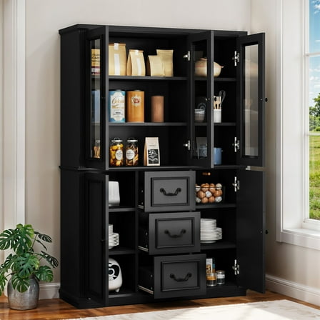 Craftian 70" Tall Pantry Cabinet with Glass Doors, Modern Farmhouse Kitchen Pantry Storage Cabinet with Drawer, Black