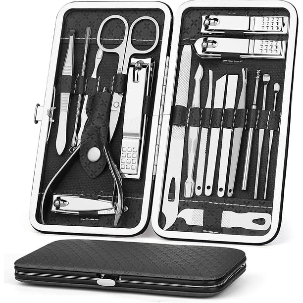 Kit de manicura y pedicura, cortaúñas de 19 piezas, tijeras para uñas, para llevar a casa o de viaje, herramientas de corte de acero inoxidable, kit de manicura para hombres y mujeres, color negro