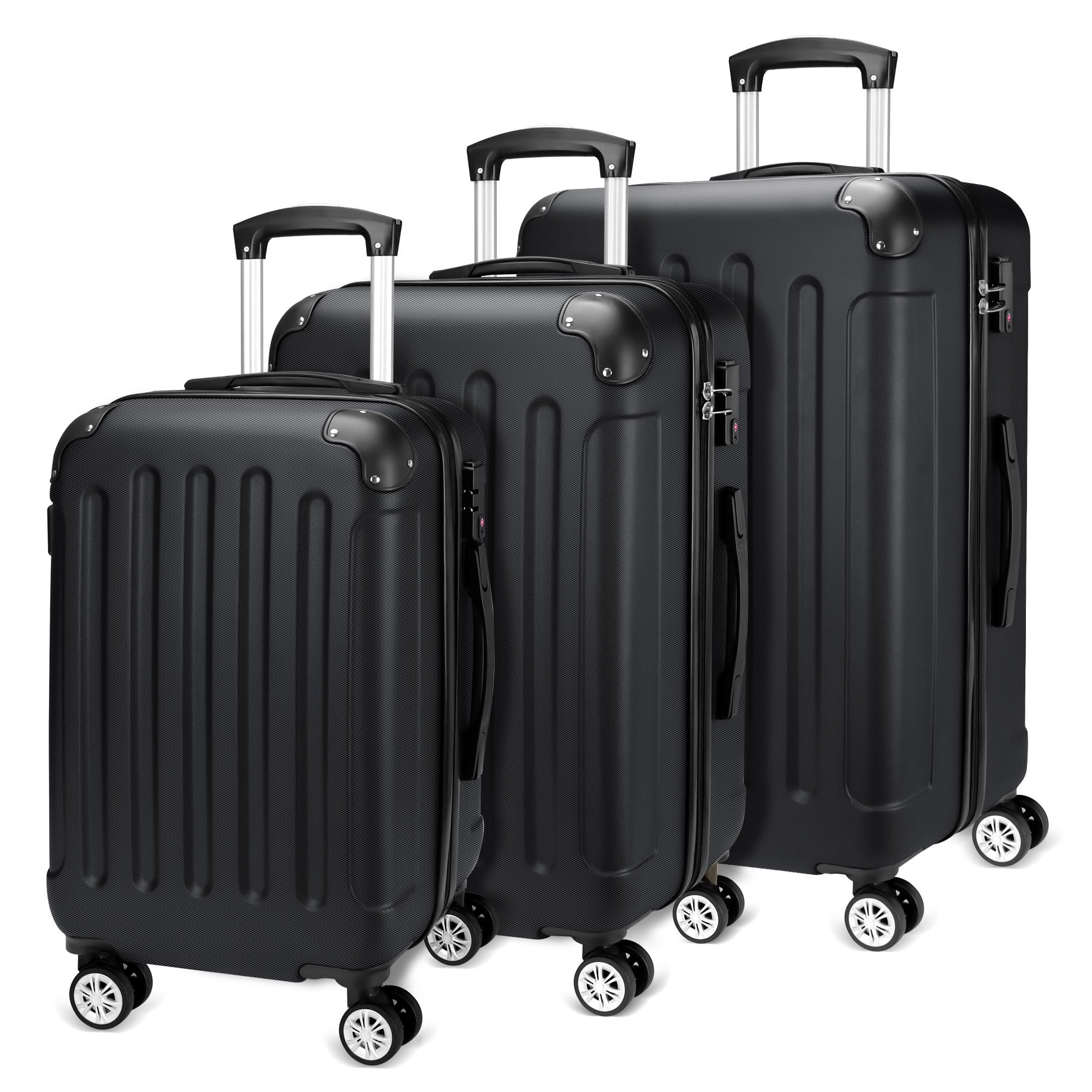 Sunbee 3 Piece Luggage Sets Hardshell Lightweight Suitcase with TSA Lock Spinner Wheels, Black
