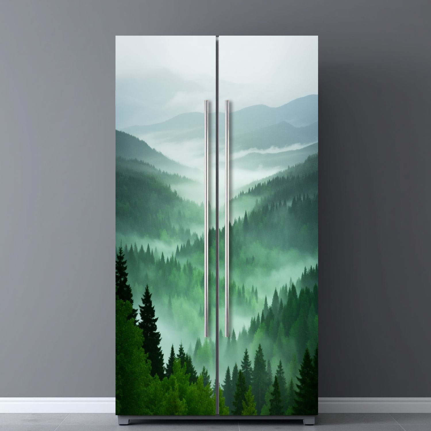 Self Adhesive Vinyl Refrigerator Wrap Set Misty Mountain Forest Landscape Layered Pine Trees Soft Door Mural Removable Fridge Sticker Peel and Stick&nbsp;Full Door Cover Decal Kitchen Bar Decor