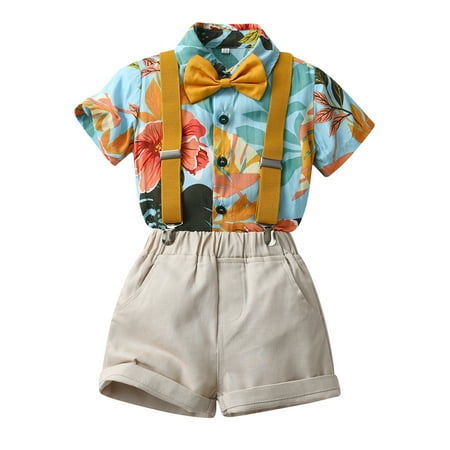 

WUXIAN Toddler Boys Short Sleeve Shirt Vacation Style Tops Suspender Shorts With Tie Child Kids Gentle Outfits Baby Clothes Simple Dailywear