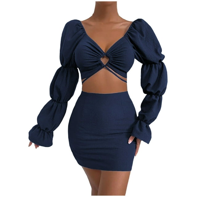 Conjuntos de blusa de manga larga y minivestido con cuello en V para mujer a la moda de 2 piezas Wmkox8yi bvn787