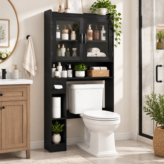 Conate Over the Toilet Storage Cabinet, Bathroom Organizer with 2 Acrylic Wave Doors, Open Shelves and Enclosed Storage