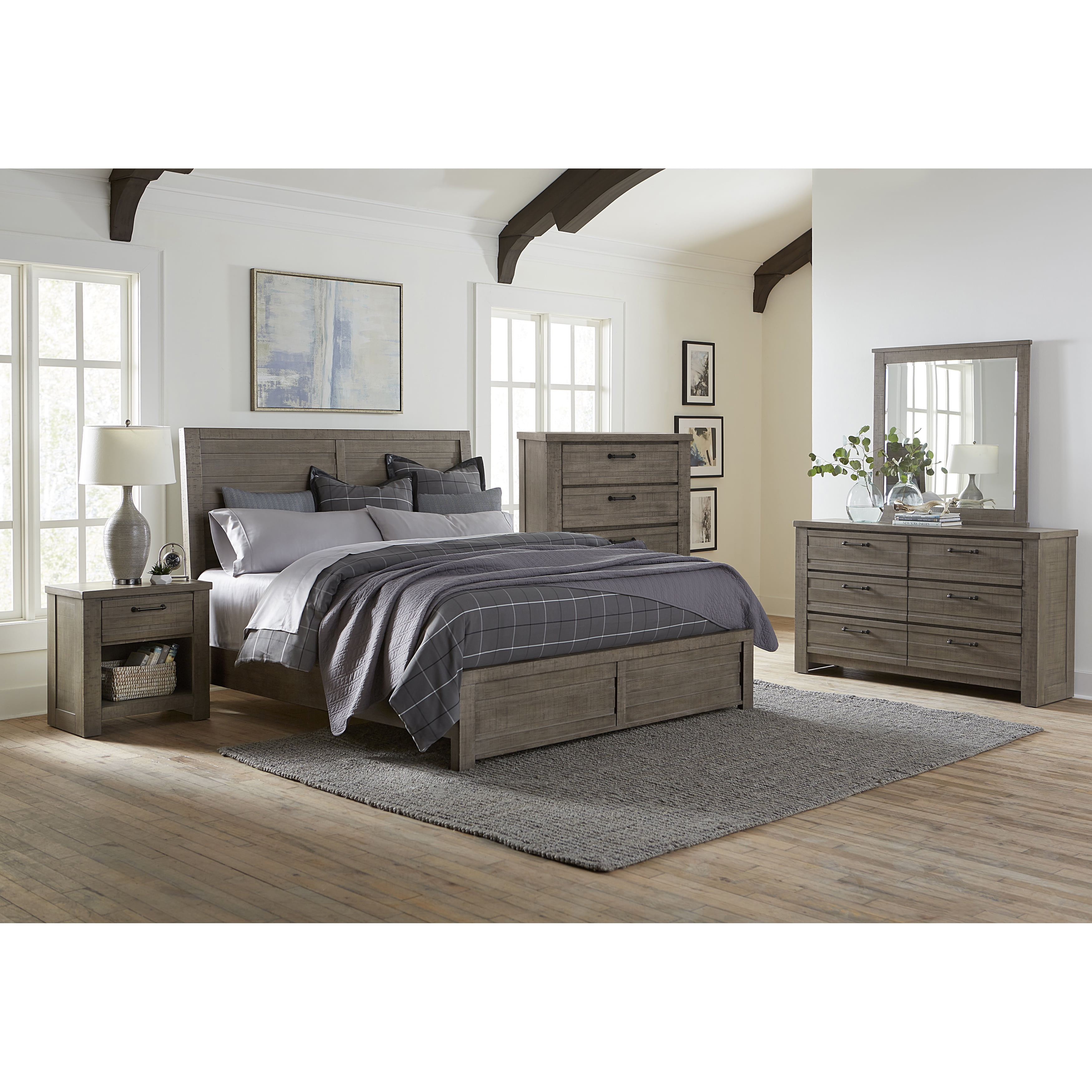 Sedona Transitional Medium Gray Wood Panel King Bed with Dresser