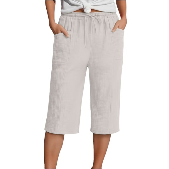 iHPH7 Linen Bermuda Shorts for Women Knee Length Summer Casual Elastic Waisted Side Split Shorts with Pockets Vacation Lounge Pants (S-5XL)