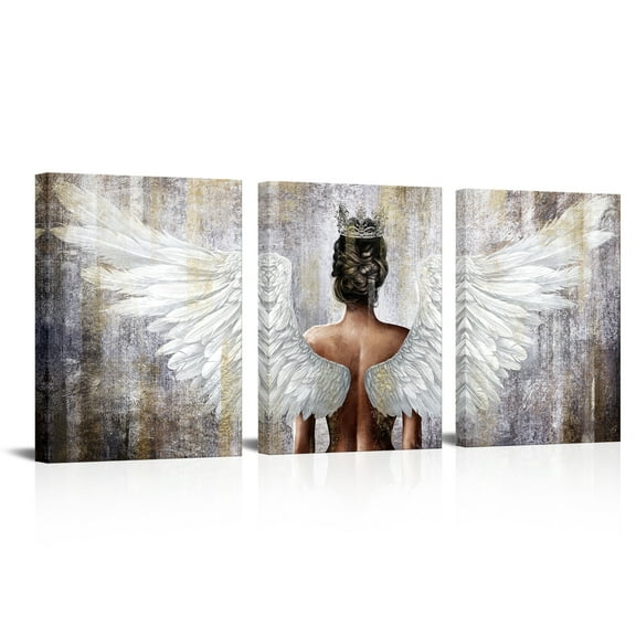 3 Piece Framed Art Prints Angel's Back Poster Pictures White Wing Canvas Wall Painting for Home Office Decoration with Inner Frame