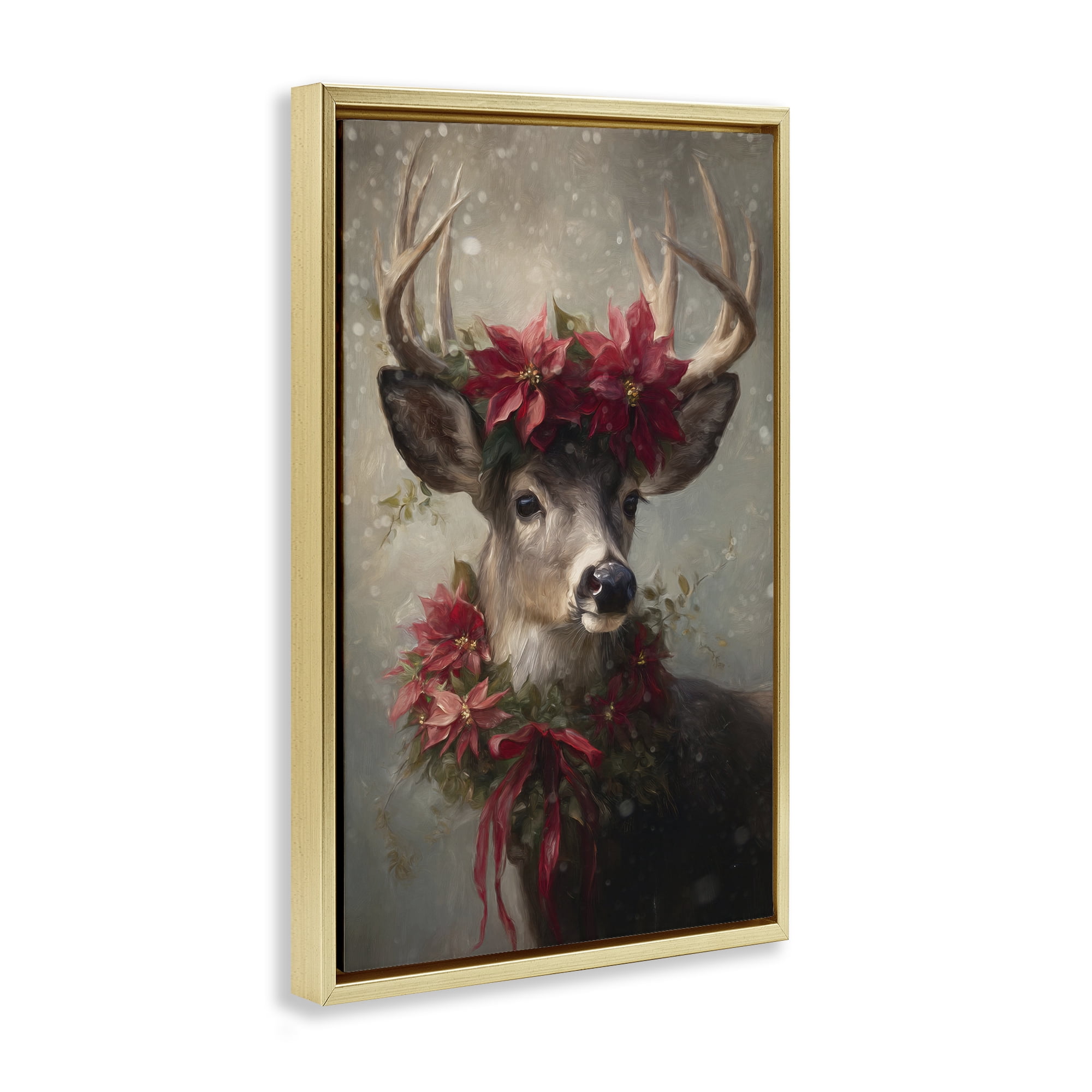 Stupell Industries Poinsettia Christmas Deer Gold Framed Floater Canvas Wall Art, design by Tina LeCour