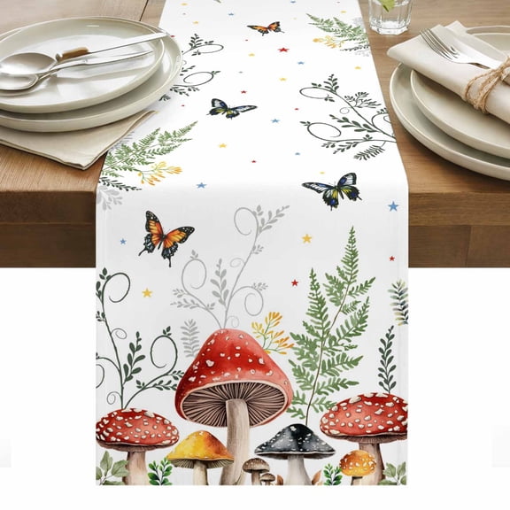 Mushroom Table Runner - 60 Inch Long, Kitchen Dining Table Runner Dresser Scarves, Butterfly Botanical Star Country Plant White Farmhouse Decor for Coffee Tables Wedding Party Banquet