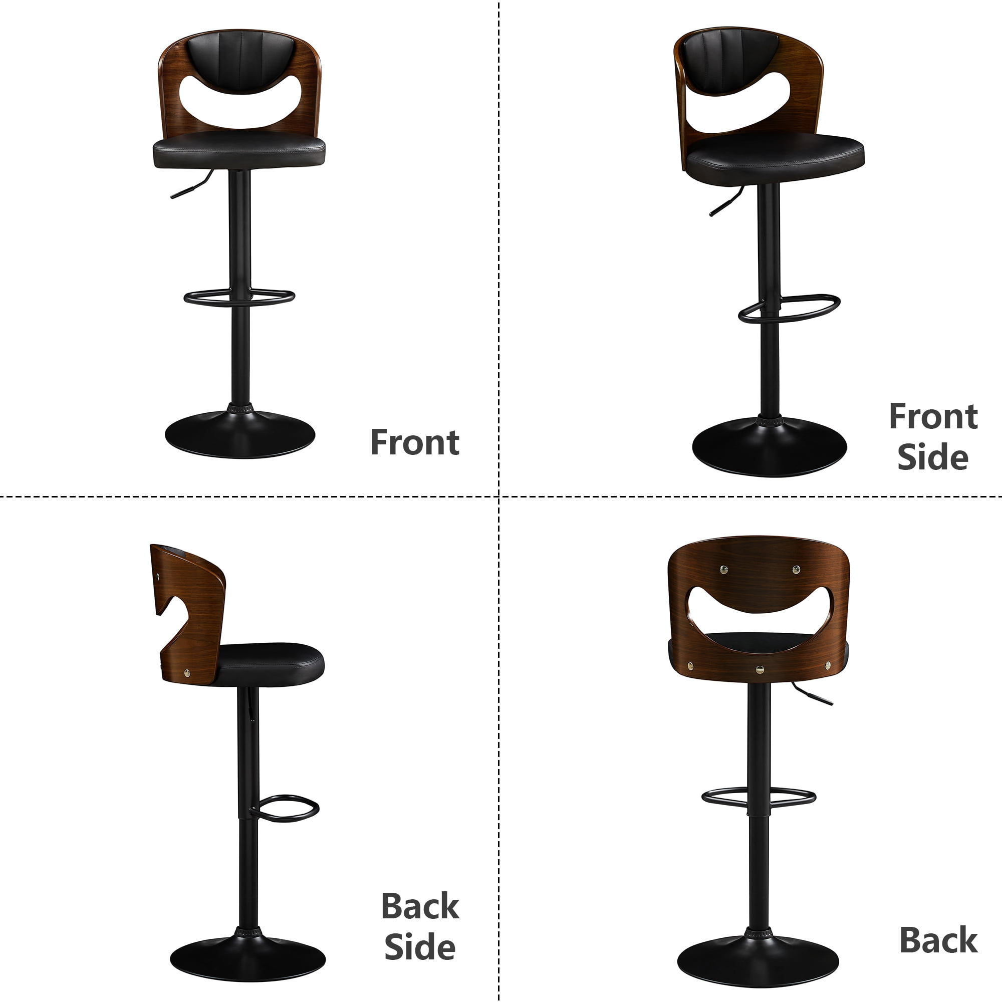 VECELO Mid-Century Bar Stools Set of 4, Modern Swivel and Adjustable Counter Height Kitchen Bar Chair with Bentwood Back, Black