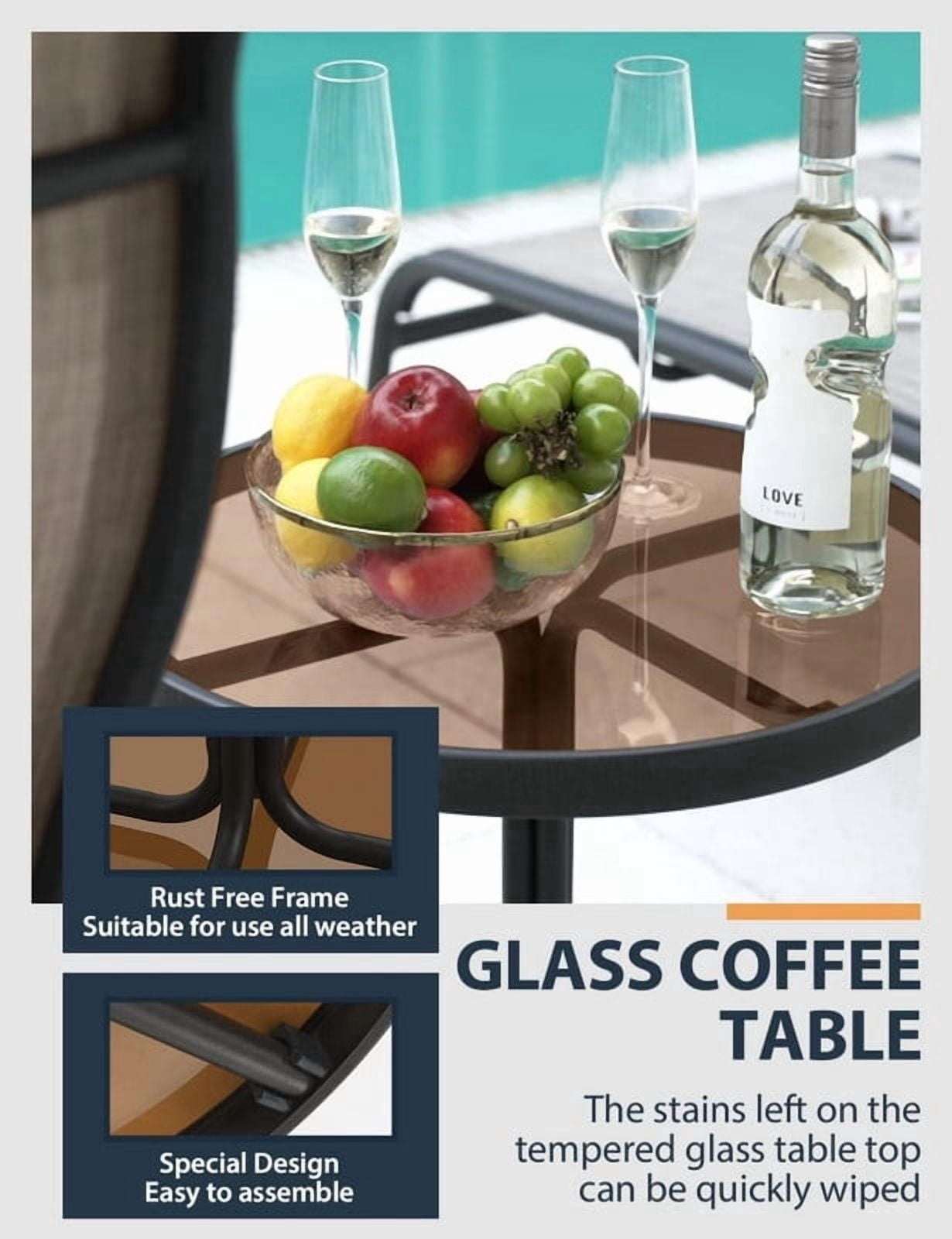 3-Piece Patio Chaise Lounge Set, Double Patio Lounge Chair with Glass Coffee Table, Patio Converstaion Set for Poolside Backyard