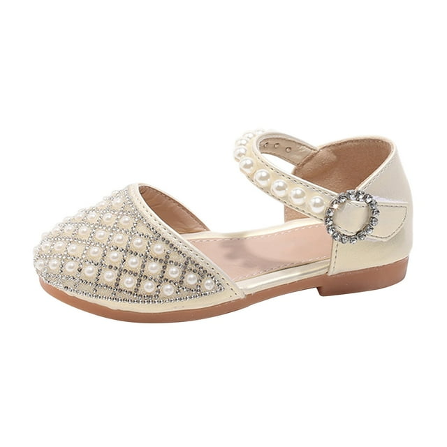 GiLiling Girls Pearl Rhinestone Dress Sandals, Adjustable Ankle Strap Princess Flats, Soft Sole Non Slip Toddler Party Shoes for Kids (Beige, 3.5-4 Years)