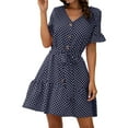thumbnail image 1 of Women Polka Dots Print V Neck Ruffled Sleeve Buttons Tie Waist Mini Dress, 1 of 7