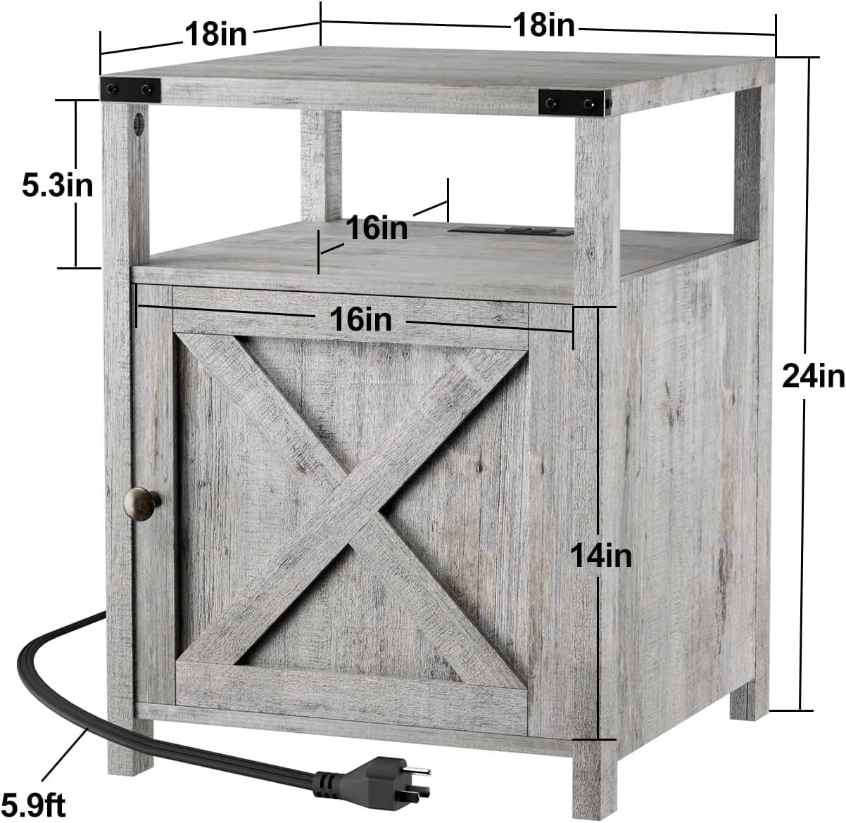 VEANERWOOD Farmhouse Nightstand with Charging Station,Living Room Side Table,Grayish White