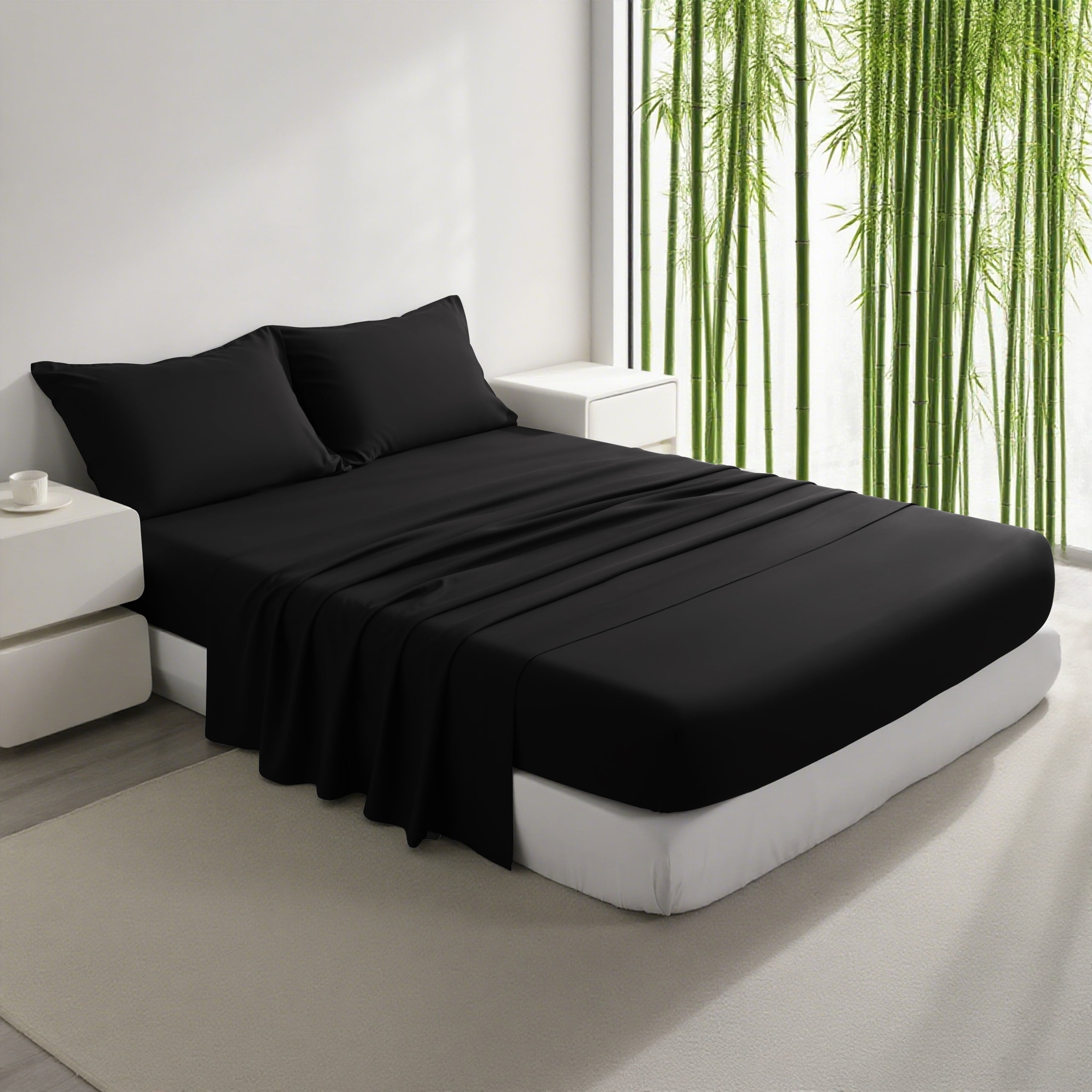 Ultra Soft Bamboo Sheet Set of 3, Durable and Cooling Bamboo Fiber Bed Sheet Set, Twin, 1 Flat Sheet +1 Fitted Sheet +1 Pillowcases, Black