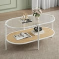 thumbnail image 2 of Acekid 2-Tier Rattan Coffee Table Boho Oval Coffe Table With TempeRed Glass Top Farmhouse Water-Wave Glass Metal Tea Center Tables Storage Shelf Decor For Living Room Office Home White, 2 of 8