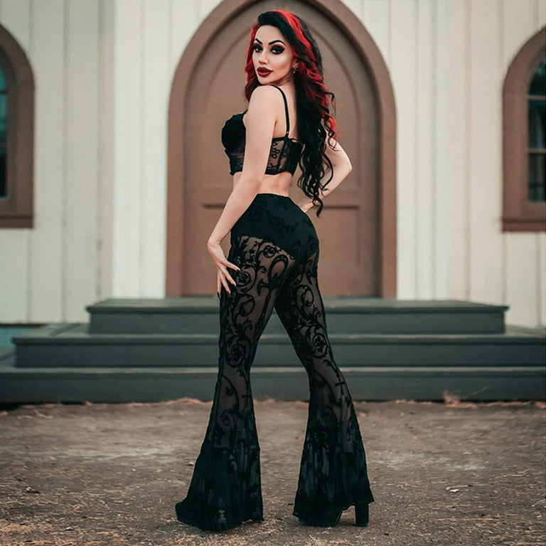 BOOYOU Women Sexy See-Through Floral Lace Flared Pants with Panty Gothic  Bohemian Vintage High Waist Beach Bell Bottom Trousers 