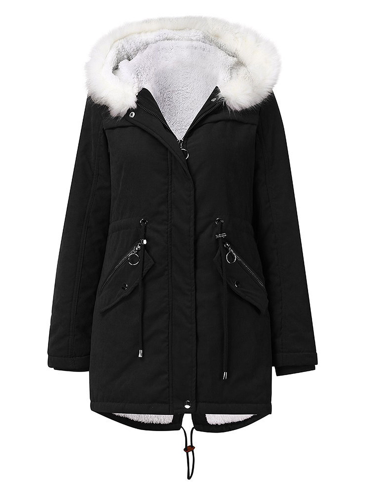 Womens Thick Fuzzy Fleece Parka Jacket Long Sleeve Hooded Coat Ladies ...